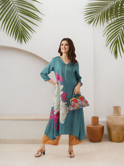 ISHIN - Green Floral Printed Kurta with Palazzo (Set of 2)