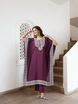 ISHIN - Purple Embroidered Mirror Work Kaftan Kurta with Pant (Set of 2)