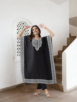 ISHIN - Black Embroidered Mirror Work Kaftan Kurta with Pant (Set of 2)