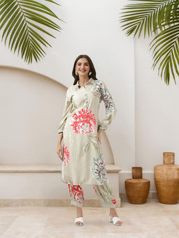 ISHIN - Green Floral Printed Kurta with Salwar (Set of 2)