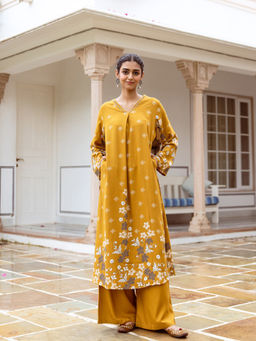 ISHIN - Mustard Floral Kurta with Palazzo (Set of 2)