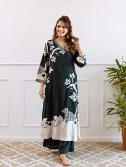 ISHIN - Dark Green Floral Printed Embellished Kurta with Palazzo (Set of 2)