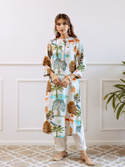 ISHIN - White Printed Mandarin Collar Kurta with Pant (Set of 2)