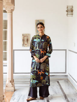ISHIN - Black Printed Mandarin Collar Kurta with Palazzo (Set of 2)