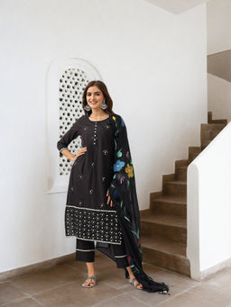 ISHIN - Black Embrodiered Mirror Work Kurta with Pant & Dupatta (Set of 3)