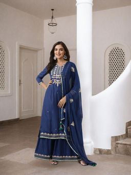 ISHIN - Navy Blue Gotta Patti Straight Kurta with Sharara & Dupatta (Set of 3)