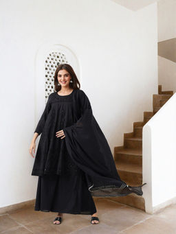 ISHIN - Black Embroidered Thread Work Kurta with Palazzo & Dupatta (Set of 3)
