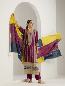ISHIN - Purple Zari Embroidered Straight Kurta with Pant & Dupatta (Set of 3)