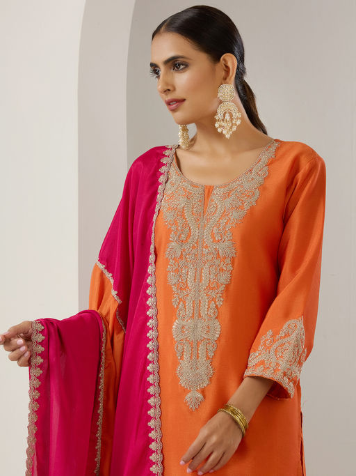 Ishin Women's Orange Embroidered Kurta Set With Sharara & Dupatta – Yoke Zari Gota Patti Design (Size Medium)