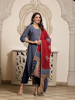 ISHIN - Navy Blue Printed Kurta with Pant & Dupatta (Set of 3)