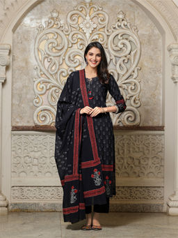 ISHIN - Black Ethnic Printed Kurta with Pant & Dupatta (Set of 3)