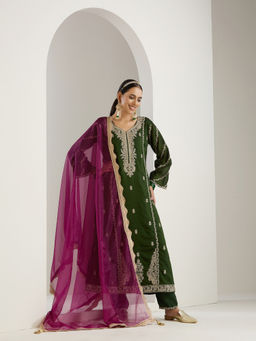 ISHIN - Green Gold Zari Emrboidered Kurta with Pant & Dupatta (Set of 3)