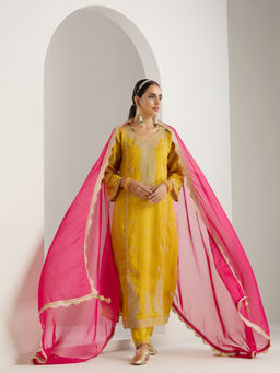 ISHIN - Mustard Gold Zari Emrboidered Kurta with Pant & Dupatta (Set of 3)