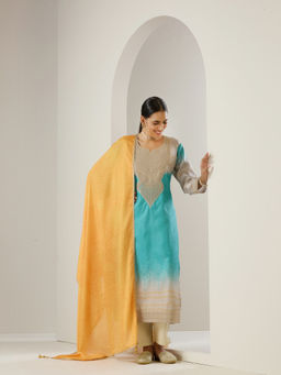 ISHIN - Blue Zari Embroidered Kurta with Pant & Dupatta (Set of 3)