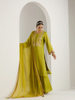 ISHIN - Green Zari Embroidered Kurta with Sharara & Dupatta (Set of 3)