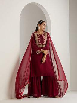 ISHIN - Maroon Zari Embroidered Kurta with Sharara & Dupatta (Set of 3)