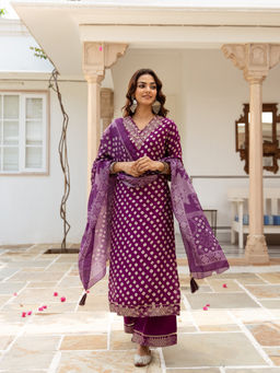 ISHIN - Purple Embroidered Printed Kurta with Palazzo & Dupatta (Set of 3)