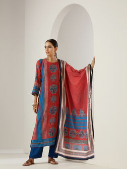 ISHIN - Red Printed Straight Kurta with Pant & Dupatta (Set of 3)