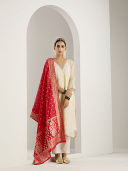 ISHIN - White Woven Embroidered Kurta with Pant & Dupatta (Set of 3)