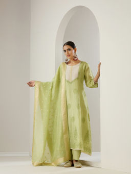 ISHIN - Green Embroidered Anarkali Kurta with Pant & Dupatta (Set of 3)