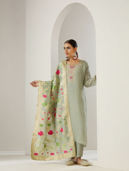 ISHIN - Green Ethnic Embroidered Kurta with Pant & Dupatta (Set of 3)