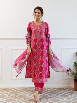 ISHIN - Pink Ethnic Embroidered Printed Kurta with Pant & Dupatta (Set of 3)