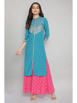 Aurelia - Teal Blue Mandarin Collar Foil Print Straight Kurta