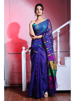 CHARUKRITI - Navy Blue Cotton Handwoven Soft Jamdani Saree without Blouse