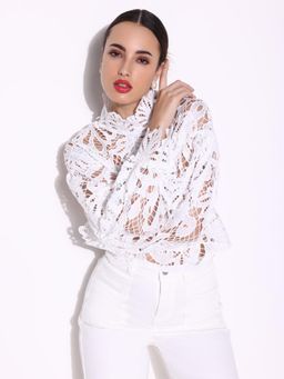SHOWOFF - Women Solid White Crochet Top