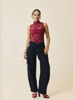 Lea Clothing - Indigo Ravello Plaid-Pocket Barrel Jeans