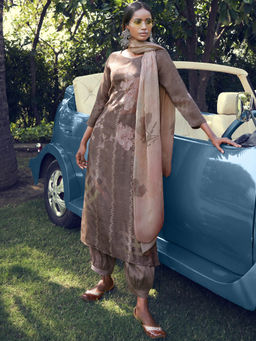 Stylee LIFESTYLE - Brown Lawn Cotton Digital Printed Dress Material (Set of 3)