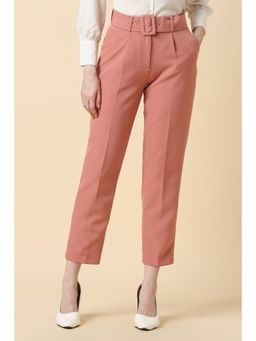 Allen Solly - Women Peach Solid Formal Trousers with Belt (Set of 2)