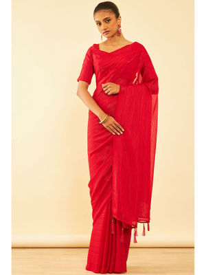 Red Embellished Chiffon Saree With Unstitched Blouse Piece