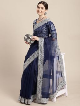 VAIRAGEE - Navy Blue Sequinned Organza Celebrity Saree with Unstitched Blouse