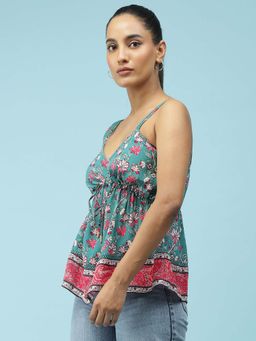 Label Ritu Kumar - Teal Floral Print Strappy Top