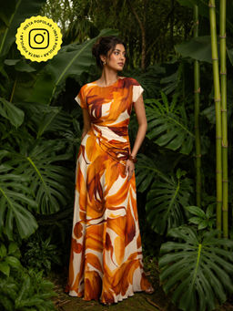 Poppi - Brown Fall Floral Printed Maxi Dress
