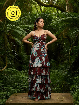 Poppi - Brown Willow Floral Printed Ruffled Maxi Dress