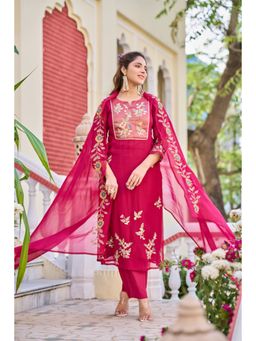 WOOMN - Pink Organza Calf Embroidered Kurta with Pant and Dupatta