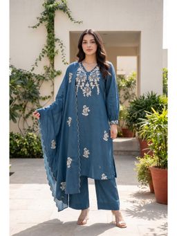 WOOMN - Blue Cotton Slub Kurta with Pant and Dupatta