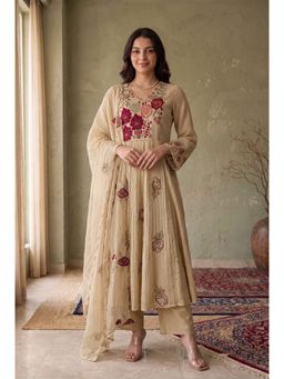 WOOMN - Beige Cotton Embroidered A-Line Kurta with Pant and Dupatta