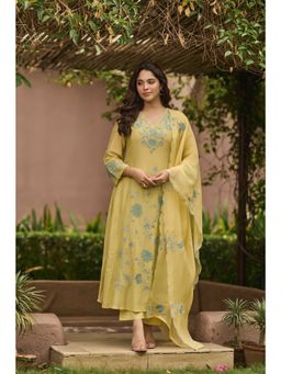 WOOMN - Mustard A-Line Chanderi Kurta with Pant and Dupatta