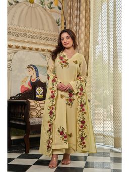 WOOMN - Yellow Cotton Crush A-Line Kurta with Pant and Dupatta