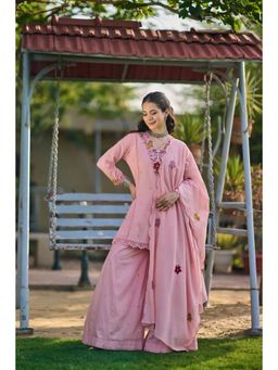 WOOMN - Pink Mul Cotton Above-Knee Kurti with Palazzo and Dupatta