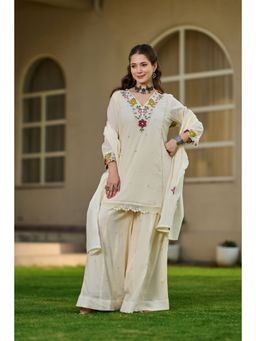 WOOMN - Cream Mul Cotton Above-Knee Kurti with Palazzo and Dupatta