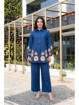 WOOMN - Blue Embroidered Cotton Co-Ord Set