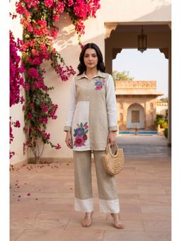 WOOMN - Beige Linen Embroidered Co-Ord Set