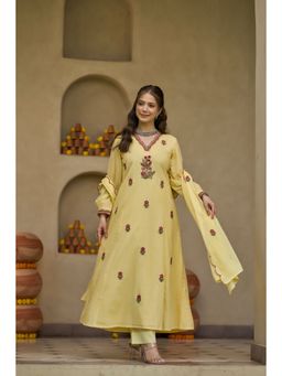 WOOMN - Yellow Cotton Slub Calf A-Line Kurta with Pant and Dupatta