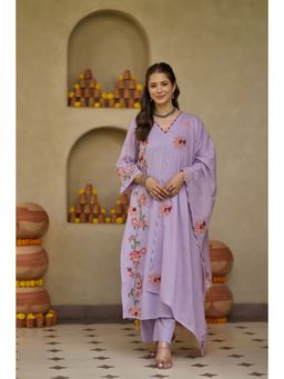 WOOMN - Purple Mul Cotton Calf Straight Kurta with Pant and Dupatta