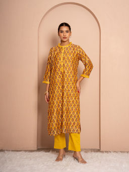 Kameez - Orange Vintage Mustard Block Print Chanderi Kurta with Pant
