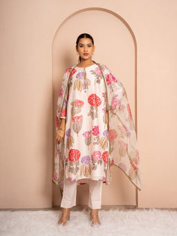 Kameez - Creamy Ivory Digital Print Kurta with Pant and Dupatta